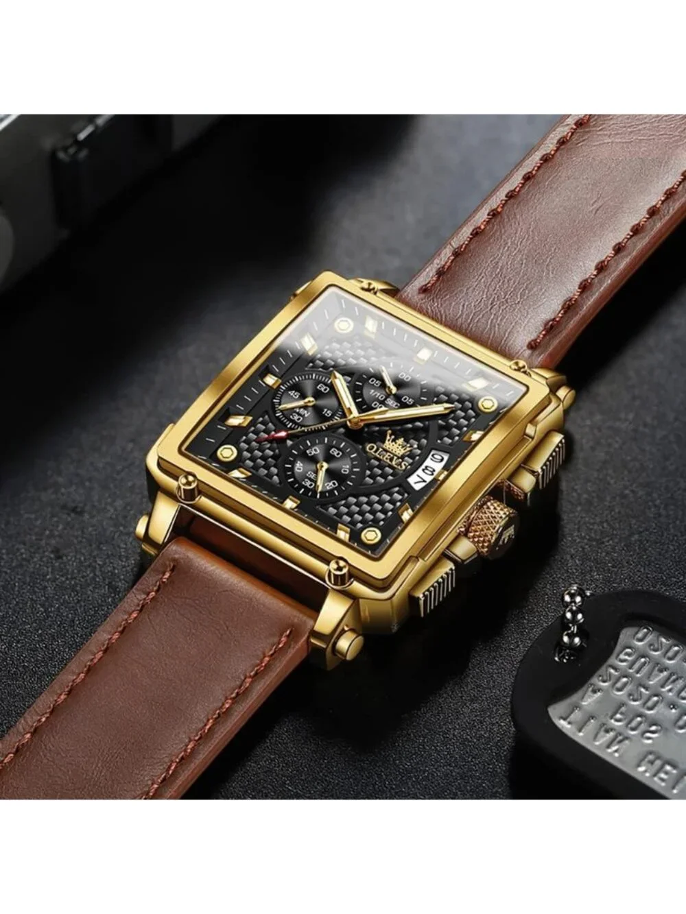 Men's Black Quartz Leather Strap Waterproof Trendy Square Dial Wrist Watch